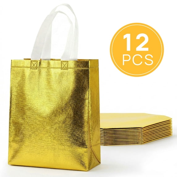 TickJOY 12 Pcs Iridescent Gift Bags with Handles, Holographic Reusable Gift Bags Medium Size, Goodie Bag for Birthdays, Christmas, Weddings, Holidays, Valentines (8"W x 4"D x 10"H, Gold)