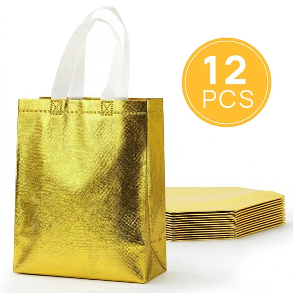 TickJOY 12 Pcs Iridescent Gift Bags with Handles, Holographic Reusable Gift Bags Medium Size, Goodie Bag for Birthdays, Christmas, Weddings, Holidays, Valentines (8"W x 4"D x 10"H, Gold)