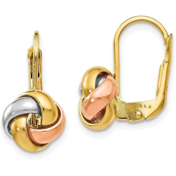 Gold 14K Tri-Color Polished Love Knot Leverback Earrings - 13mm- Made In Italy