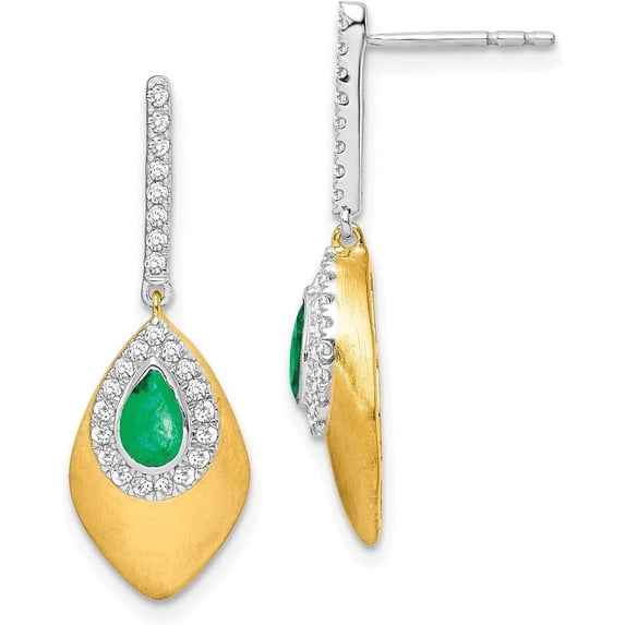 Gold 14k Two-tone Emerald and Diamond Dangle Earrings - 27.3mm