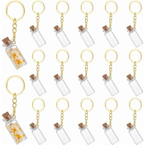 Gold 15Pcs Mini Glass Bottles 3ml Glass Vials with Corks Lids Clear Spell Jars with Metal Keychain Tiny Jars with Lids Message Potion Bottles for DIY Wedding Favors Party Home Decoration