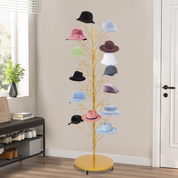 Gold 175cm 35 Hat Display Rack With Pulley 19.69 Inch Base Movable Hat Rack With Brake Roller