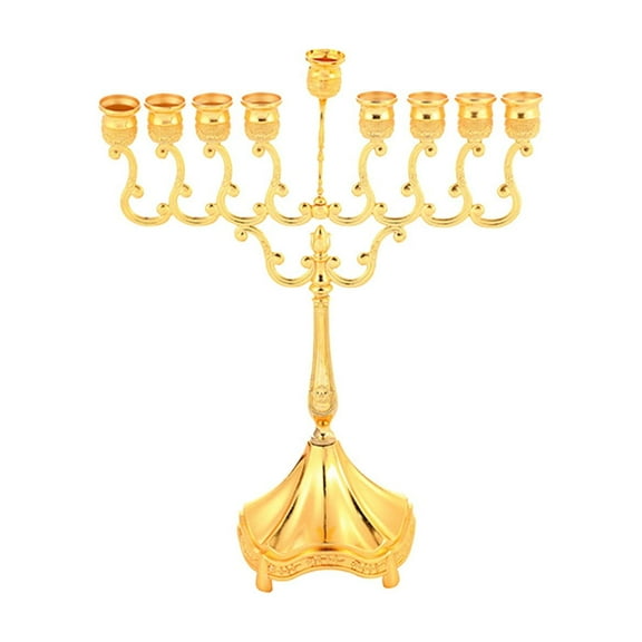 Gold 1Pc Hanukkah Menorahs 9 Branch Gold Plated Menorahs For Chanukah Candle Holders Shabbat Religious Decor Size 11.02X9.44 Inches Weight 1.54 Lb