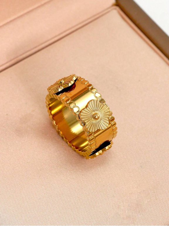 Gold-2 Fashion Stainless Steel Floral Beaded Band Ring For Women