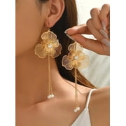 Gold-2 Floral Filigree Dangle Earrings With Faux Pearls, Metal Drop Design For Women
