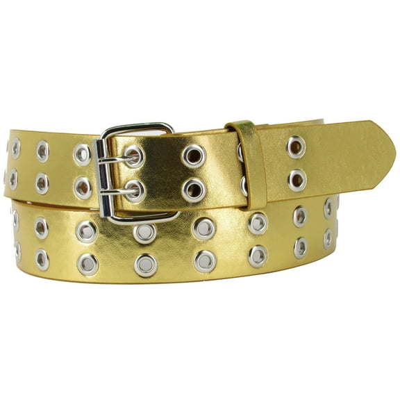 Gold 2 Holes Row Silver Grommets Bonded Leather Belt Removable Buckle