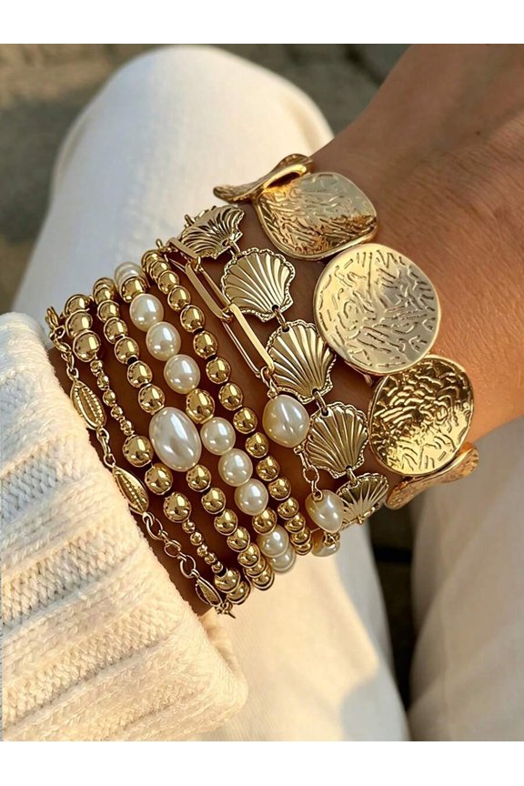 Gold-2 Layered Seashell & Pearl Beaded Bracelet Set: Chain, Bangle, Cuff