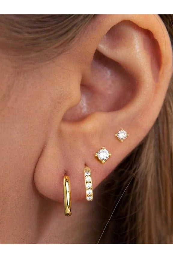 Gold-2# Stackable Hoop & Stud Earrings Set, 5 Pairs, Zirconia Inlaid, Earlobe Cartilage Helix