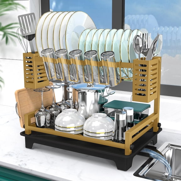 Gold 2 Tier Dish Drying Rack With Drainboard And Utensil Holders For Kitchen Counter Organization