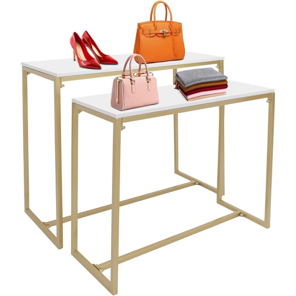Gold 2 Tier Shoes Display Stand Rack, Commercial Retail Display Stand, Retail Stores Metal Display Shelf for Homes, Clothing Shops, Hotels, High Bearing Capacity