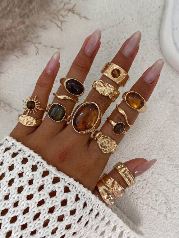 Gold-2 Vintage Asymmetrical Stacking Ring Set With Gemstones, 12-Piece