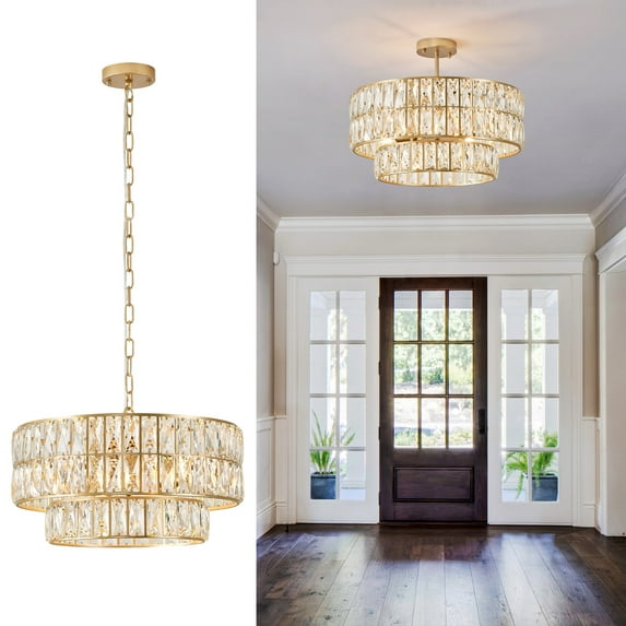 Gold 2-tier Crystal Chandelier 6-Lights Luxury Crystal Pendant Chandelier 20'' Drum Semi Flush Mount Ceiling Lights for Dining Room Foyer Living Room Bedroom Kitchen
