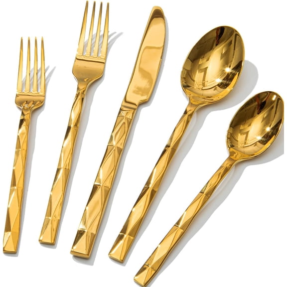 Gold 20-Piece Flatware Set with Diamond Cut Pattern, 18/10 Stainless Steel, Mirror Polished and Dishwasher Safe