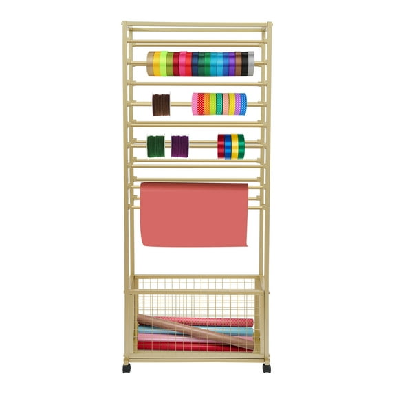 Gold 20-Tier Gold Metal Ribbon Holder Organizer Rack, Double-Sided Ribbon Storage Rack with 4 Lockable Wheels,for Craft Room, Floral Supplies, 67x32x170cm