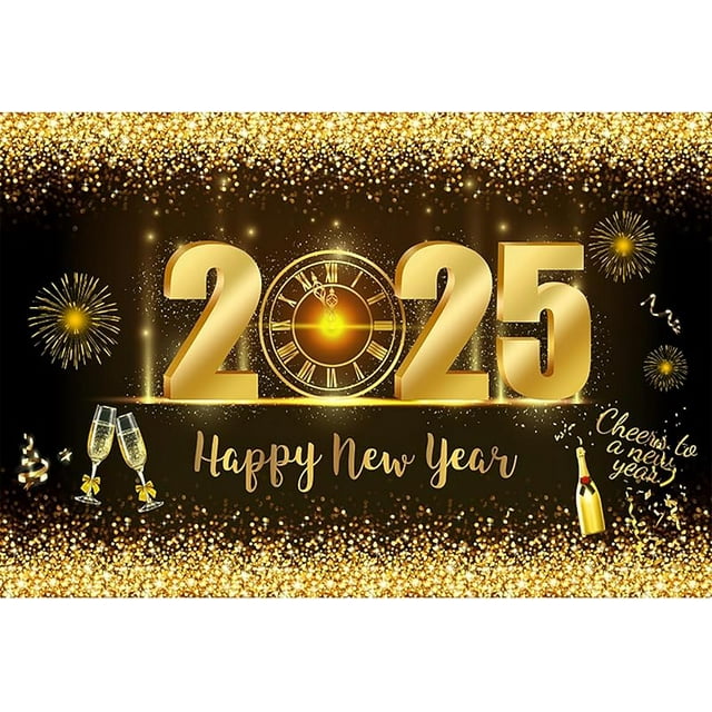 Gold 2025 New Year Backdrop Bright Golden New Year Clock Champagne
