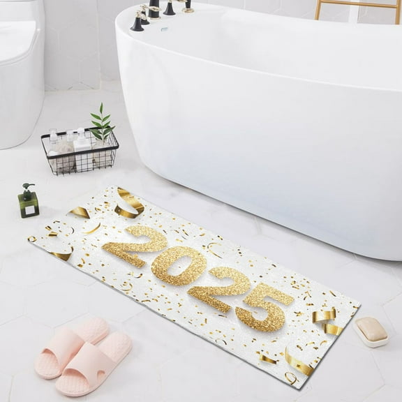 Gold 2025 and Ribbons Bath Mat 39x20 Non-Slip Bathroom Rugs Absorbent Soft Plush Quick Dry for Tub Shower Kitchen Home Decor