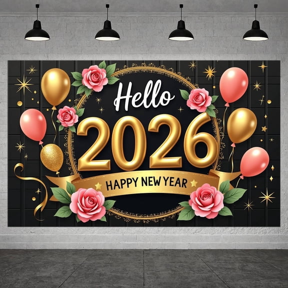 Gold 2026 Banner Pink Roses New Year Banner Gold Balloons Circular Frame Happy New Year Banner for New Year Party 2026 Celebration Holiday Party