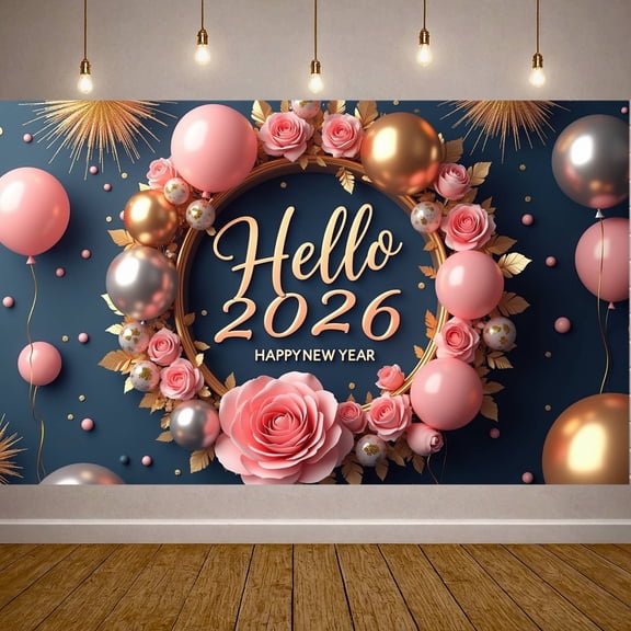 Gold 2026 Banner Pink Roses New Year Banner Gold Balloons Circular Frame Happy New Year Banner for New Year Party 2026 Celebration Holiday Party