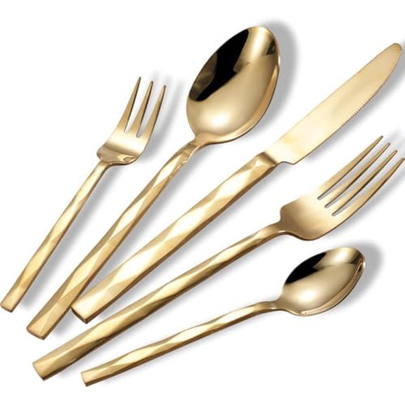 Gold 20PCS Luxury Silverware, 18/10 stanless steel flatware cutlery set with Diamond Cut Pattern for Kitchen, Home, Wedding, Party, Mirror Polished and Dishwasher Safe- service for 4