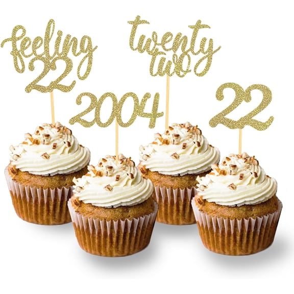 Gold 22nd Birthday 2004 Glitter Cupcake Toppers, 12pcs Feeling 22 Twenty Two Cupcake Picks for 22nd Birthday Party Decorations