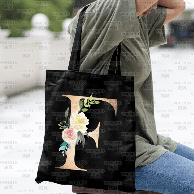 Gold 26 Letter Lace Black Canvas Bag Resistant To Dirt Foldable