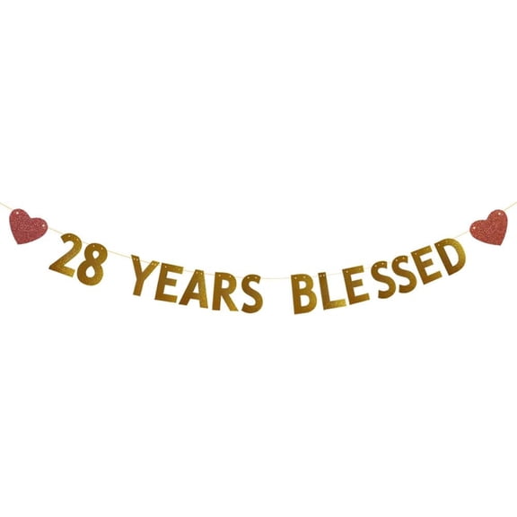 Gold 28 Years Blessed Banner,Pre-Strung,28th Birthday/Wedding Anniversary Party Decorations Supplies,Glitter Paper Garlands Backdrops,Letters Gold 28 YEARS BLESSED