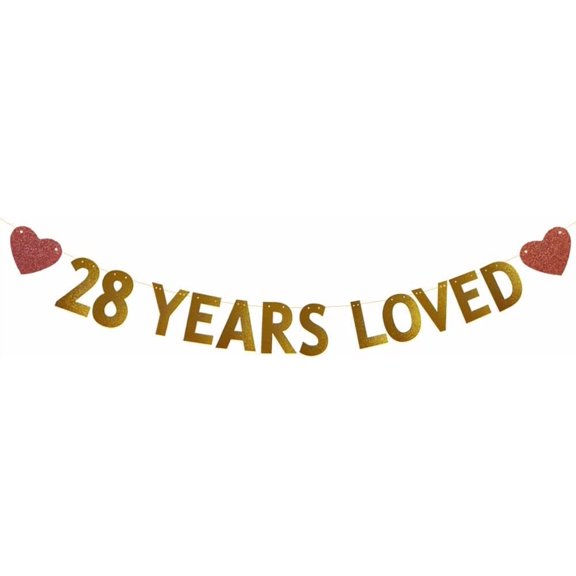 Gold 28 Years Loved Banner,Pre-Strung,28th Birthday/Wedding Anniversary Party Decorations Supplies,Glitter Paper Garlands Backdrops,Letters Gold 28 Years Loved