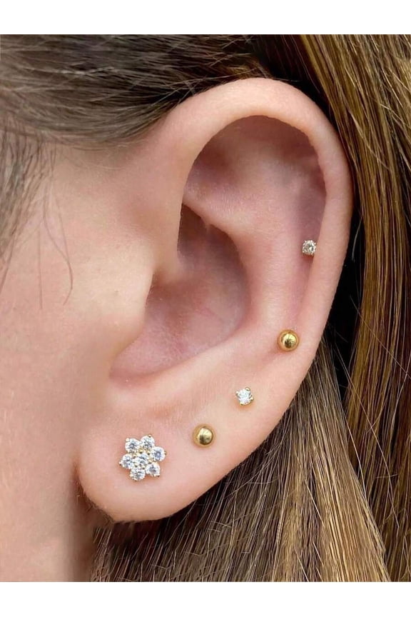 Gold-3# 3-Pair CZ Stud Earrings Set For Earlobe Helix Cartilage