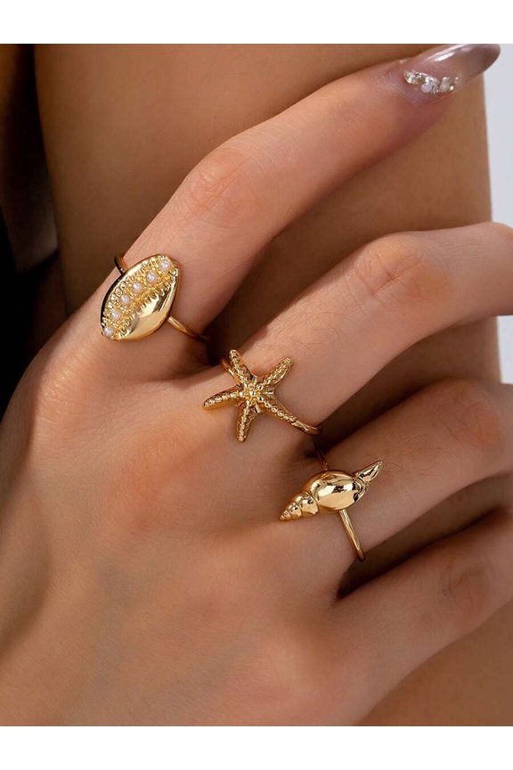 Gold-3 3-Piece Seashell Starfish Conch Ring Set, Adjustable Stackable