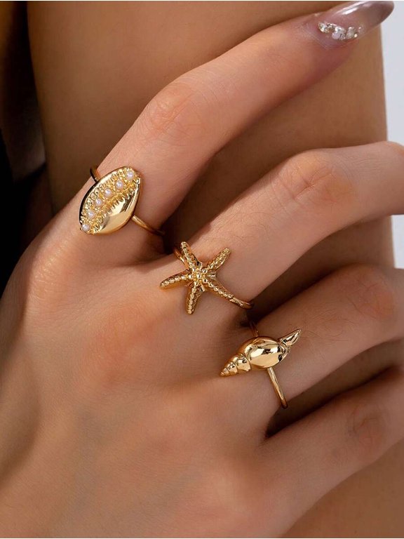 Gold-3 3-Piece Seashell Starfish Conch Ring Set, Adjustable Stackable