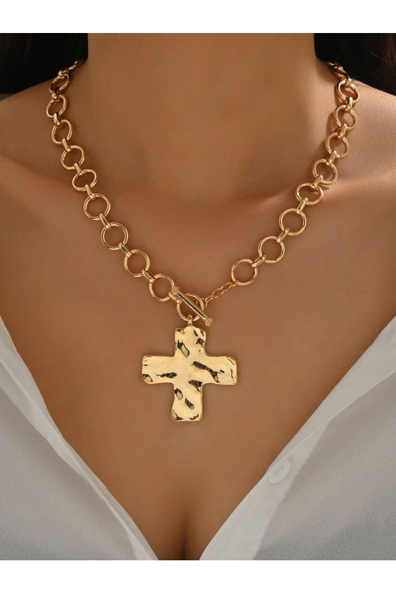 Gold-3 Hammered Cross Pendant Necklace With Chunky Link Chain For Women