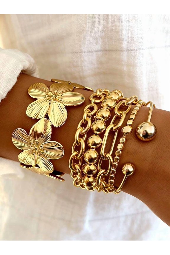 Gold-3 Layered Floral & Chain Bracelet Set: Cuff, Beaded, Bangle & Open