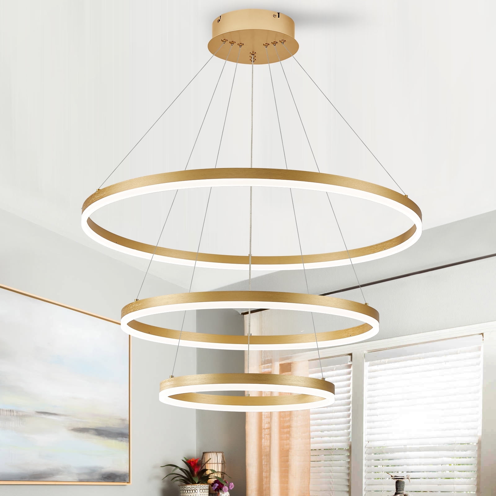 Gold 3-Rings Modern LED Chandelier Dimmable Pendant Lighting with Remote Control Circular Flush Mount High Ceiling Light for Living Room Dining Room Foyer, 3000K-6500K D31.5"
