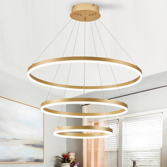 Gold 3-Rings Modern LED Chandelier Dimmable Pendant Lighting with Remote Control Circular Flush Mount High Ceiling Light for Living Room Dining Room Foyer, 3000K-6500K D31.5"