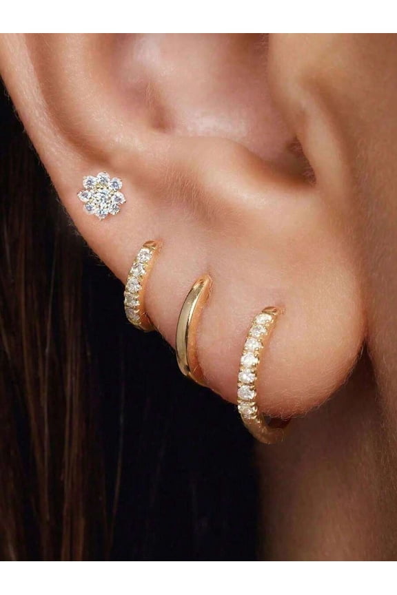 Gold-3# Stackable Zirconia Hoop & Flower Stud Earrings Set, 5 Pairs for Earlobe, Helix, Cartilage