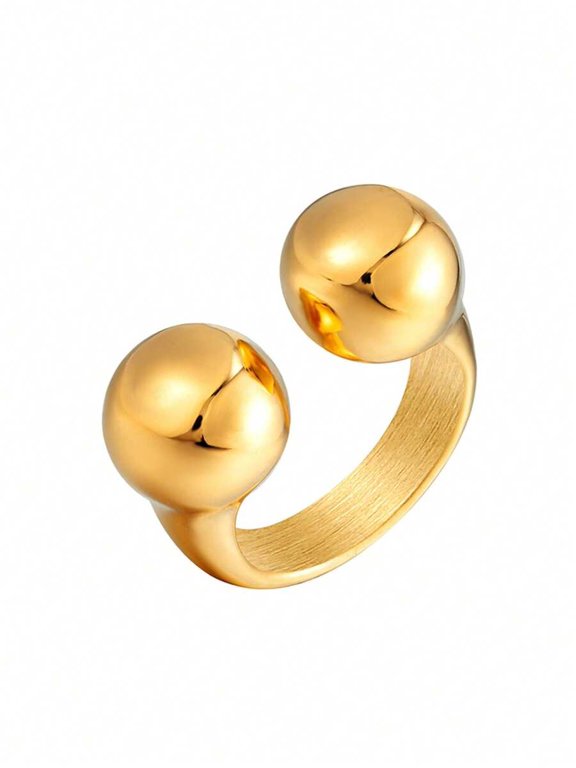Gold-3 Stainless Steel Polished Open Ring With Dual Beaded Spheres For