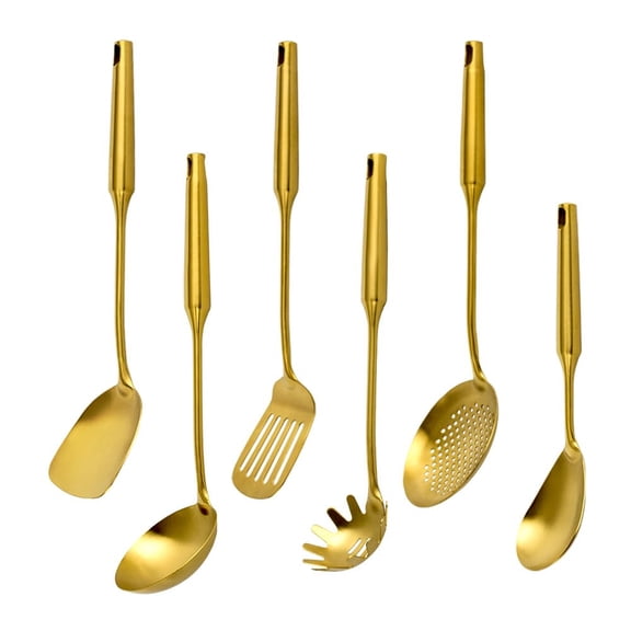 Gold 304 Stainless Steel Kitchen Utensils Set, VALESKA 6 PCS Metal Cooking Utensils Set, metal spoon,Wok Spatula, Ladle, Skimmer Slotted Spoon, Serving Large Spoon, Slotted Spatula Tunner Y101