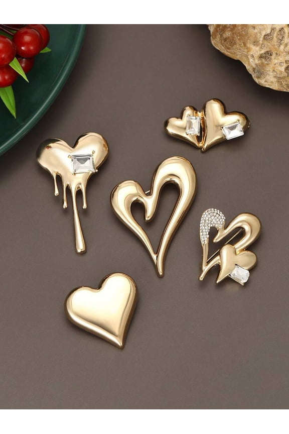 Gold 3194 Glossy Melted & Layered Heart Brooch Set – Fashion Love Pins For Women, Banquet & Party Accessories