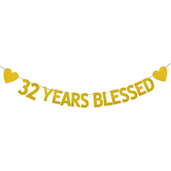Gold 32 YEARS BLESSED Glitter Banner,Pre-Strung,32nd Birthday/Wedding Anniversary Party Decorations Bunting Sign Backdrops,32 YEARS BLESSED
