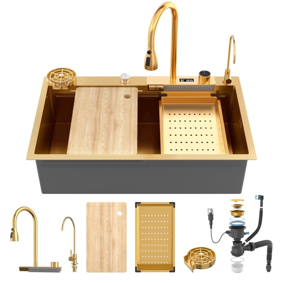 Gold 33 X 22 Inch Stainless Steel Drop In Kitchen Sink, Single Bowl Workstation Sink with Waterfall Faucet, LED Temperature Display