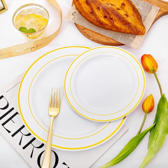 Gold 350-Piece Party Dinnerware Set for 50 Guests — Disposable Plates, Cups, Napkins & Silverware Included, Ideal for Weddings, Birthdays & Events