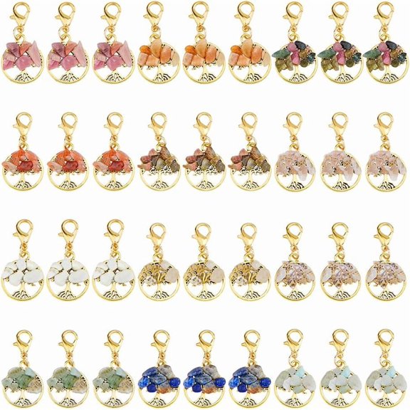 Gold 36Pcs 12 Styles Tree of Life Gemstone Charms Mixed Stone Charms with Lobster Clasps Rose Quartz Gemstone Chips Pendants for Jewelry Keychain Making