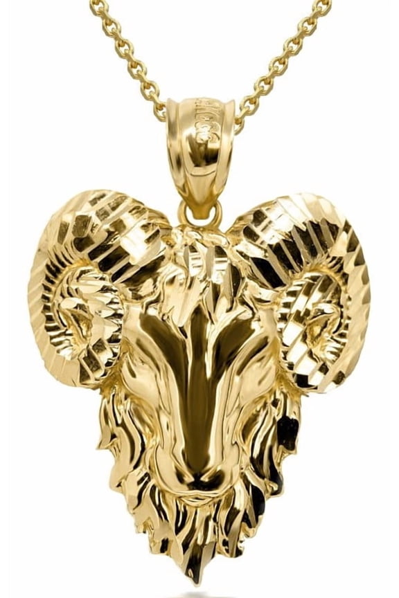 Gold 3D Diamond Cut Ram Head Bighorn Mountain Sheep Caged Back Pendant Necklace (14K Yellow Gold, Pendant Only)