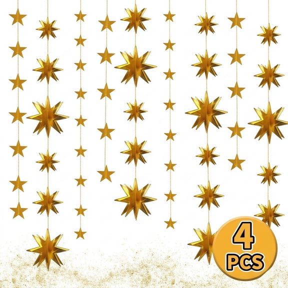 4-Pack Shiny Gold Star Paper Garlands, 3D Hanging Banner Graduation Decoration with Thin Star Elegance