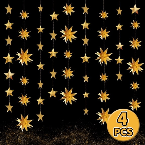 Gold 3D Star Garland, 4 Pack 39.2 Ft Metallic Paper Hanging Banner for Graduation Birthday Wedding Christmas Party Decorations