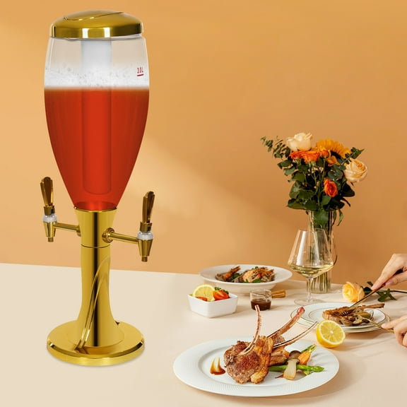 Gold 3L/0.79gal Dual Faucet Beverage Dispener Beer Tower Dispenser,Beer Dispenser with Two Faucets Portable Beverage Tower Server with Built-in Ice Container&Seven-color Light, for Home Bar Party