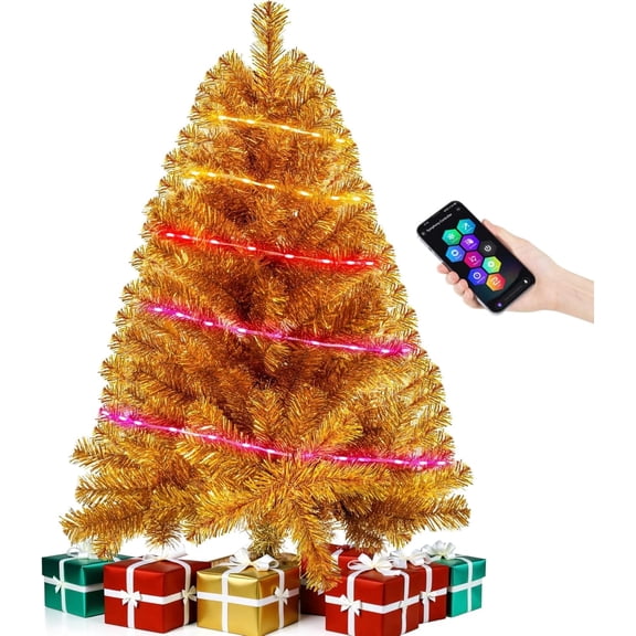 Gold 3ft Christmas Tree with Lights, Small 36inch Artificial Tree Mini Table Top Decorations, Xmas Desk Tree with 80 Colored Lights, 200 Branch, Holiday Decor for Home,Indoor Office Tabletop