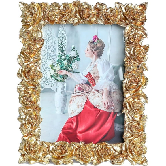 Gold 3x5 Picture Frames Vintage Photo Frame  Gold Flower Leaf with Glass Front Antique Picture Frame for Tabletop  (Gold-3x5)