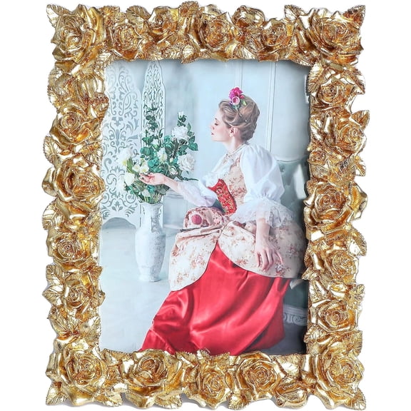 Gold 3x5 Picture Frames Vintage Photo Frame Gold Flower Leaf with Glass Front Antique Picture Frame for Tabletop (Gold-3x5)