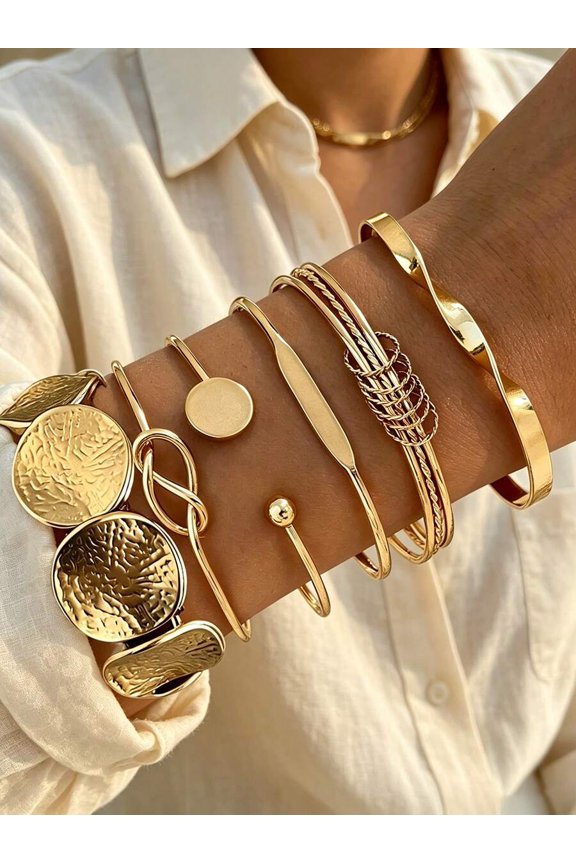 Gold-4 Layered Boho Cuff & Disc Bangle Bracelet Set: Chain, Twist, Infinity